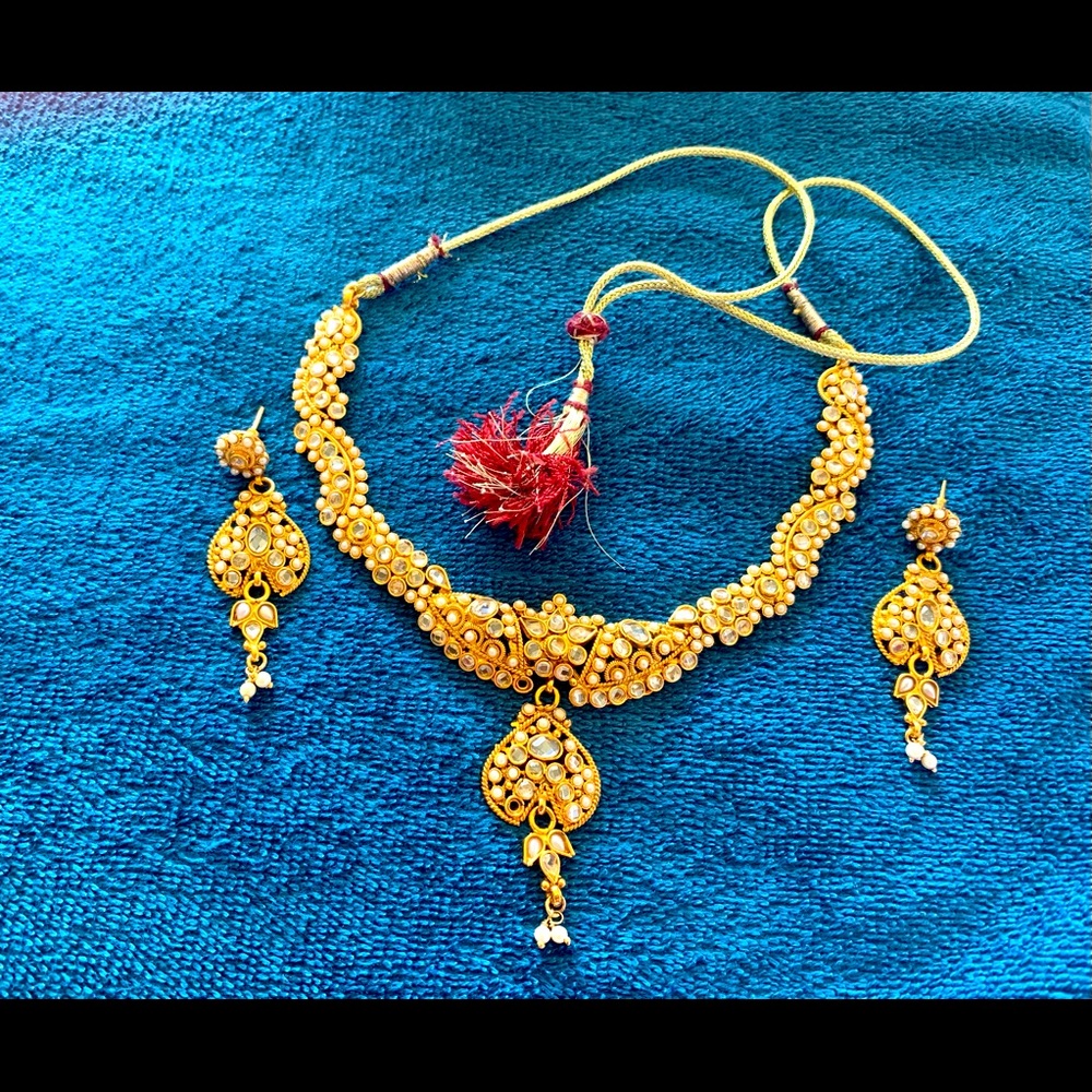 Cute Kundan pearls jewelry set party wedding indian Pakistani Bangladeshi